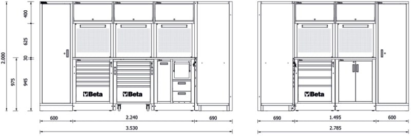 Workshop Equipment Combination RSC50 with 2.240mm and 1.495mm Worktops, Drawers, Roller Cab, Corner Unit, and Tool Panels - BetaRSC50 RSC50 I
