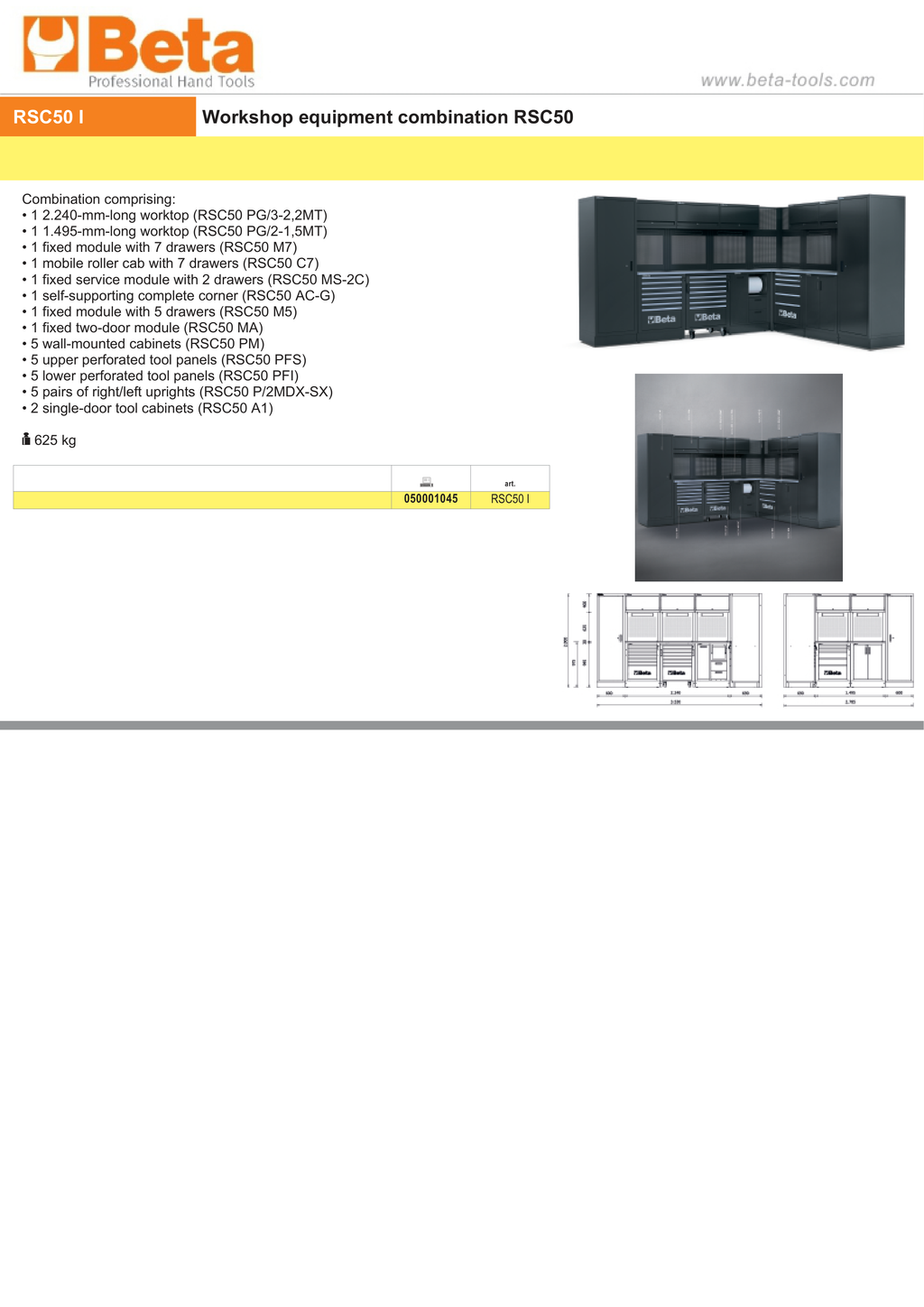 Workshop Equipment Combination RSC50 with 2.240mm and 1.495mm Worktops, Drawers, Roller Cab, Corner Unit, and Tool Panels - BetaRSC50 RSC50 I