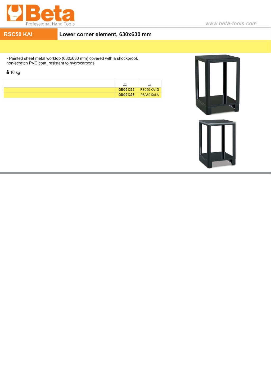Lower Corner Element, 630x630mm Worktop, Shockproof PVC Coat - BetaRSC50 RSC50 KAI-G