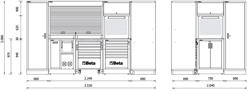 WORKSHOP COMBINATION BETA RSC50 L 2240mm 750mm WORKTOPS DRAWERS ROLLER CAB CORNER TOOL PANELS