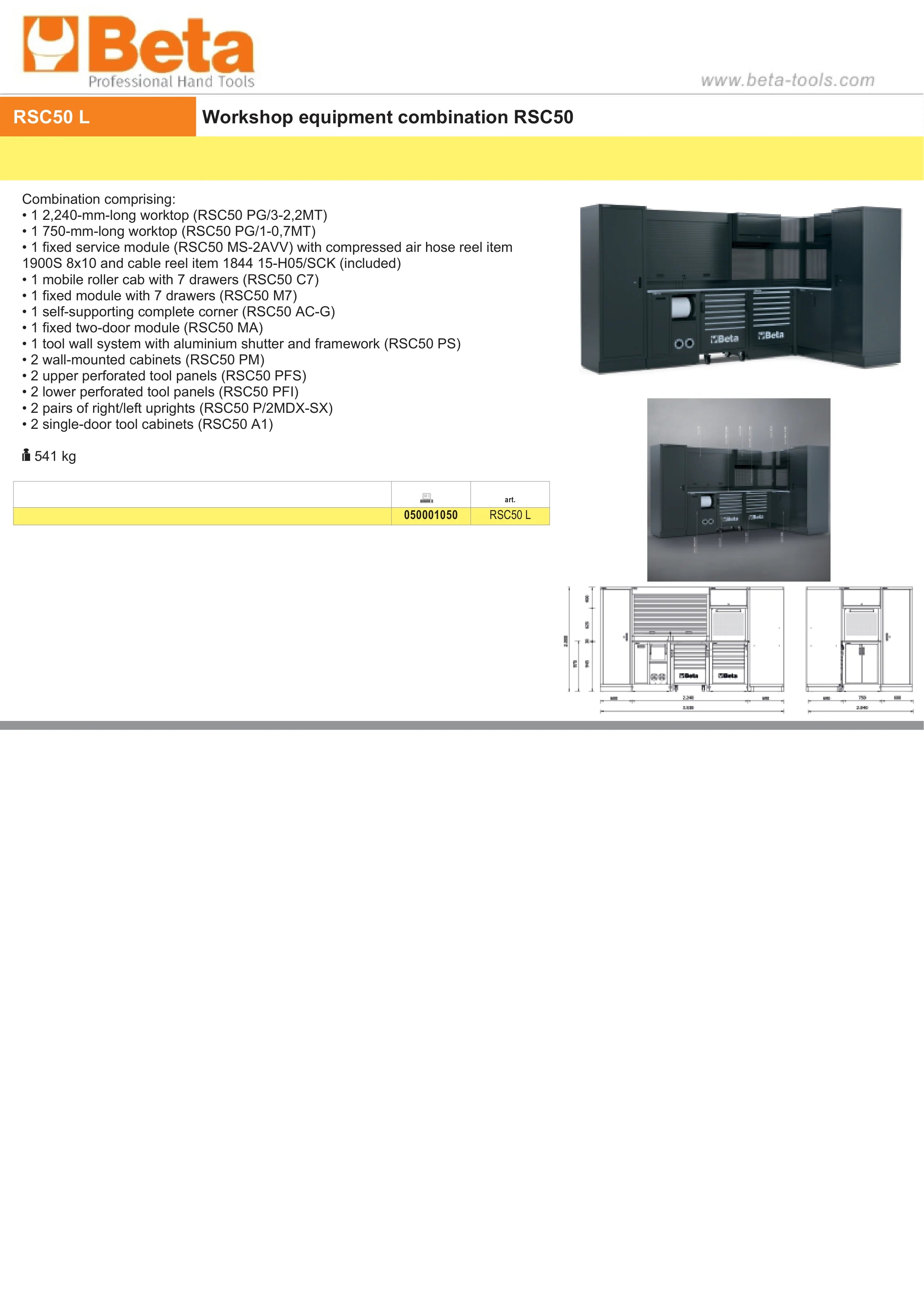 WORKSHOP COMBINATION BETA RSC50 L 2240mm 750mm WORKTOPS DRAWERS ROLLER CAB CORNER TOOL PANELS
