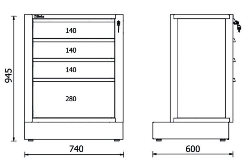 Fixed Module with 4 Drawers for RSC50, 588x367mm, Central Lock, Adjustable Feet - BetaRSC50 RSC50 M4