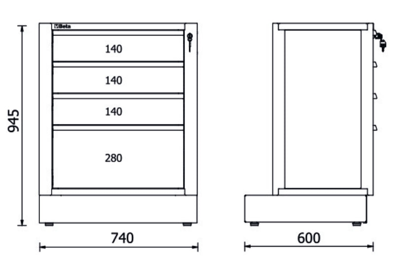 Fixed Module with 4 Drawers for RSC50, 588x367mm, Central Lock, Adjustable Feet - BetaRSC50 RSC50 M4