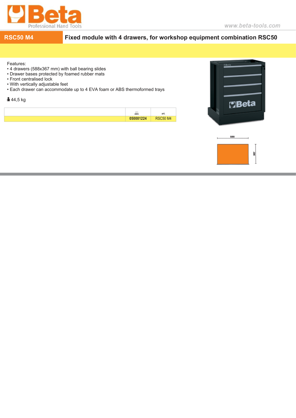 Fixed Module with 4 Drawers for RSC50, 588x367mm, Central Lock, Adjustable Feet - BetaRSC50 RSC50 M4