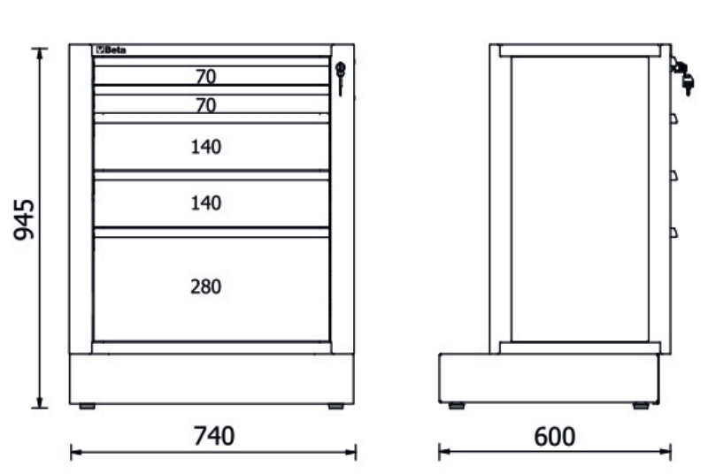 Fixed Module with 5 Drawers for RSC50, 588x367mm, Central Lock, Adjustable Feet - BetaRSC50 RSC50 M5