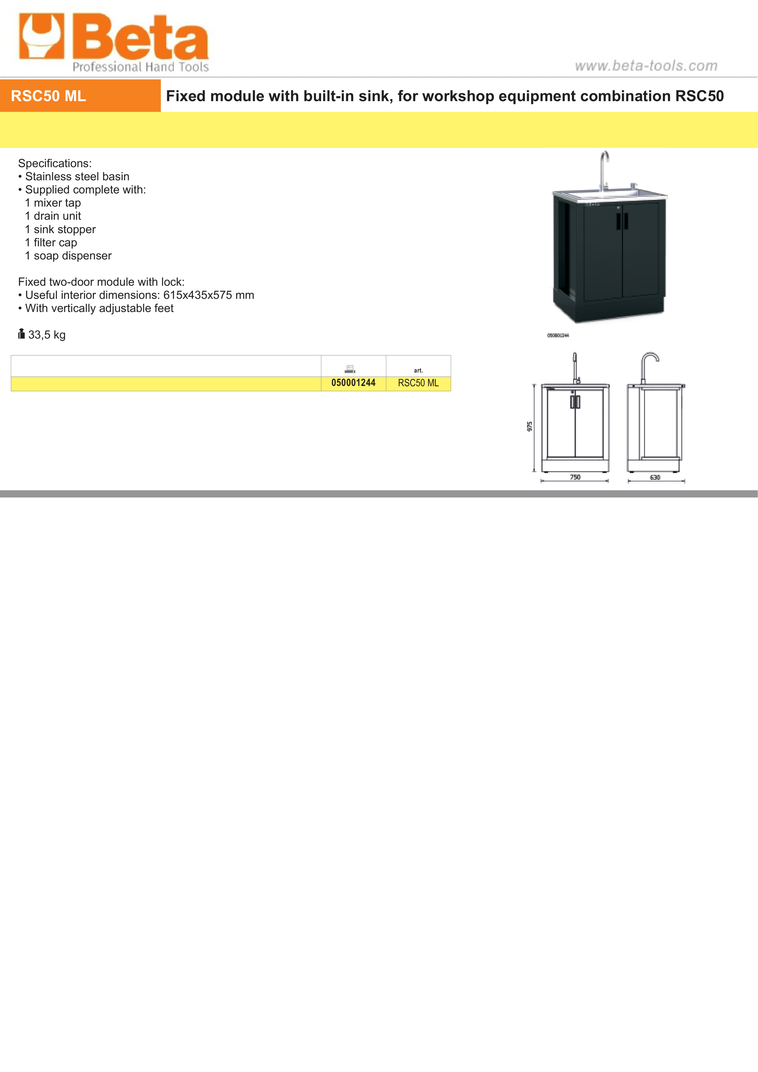 FIXED SINK MODULE BETARSC50 RSC50 ML STAINLESS BASIN MIXER TAP SOAP DISPENSER 615X435X575MM