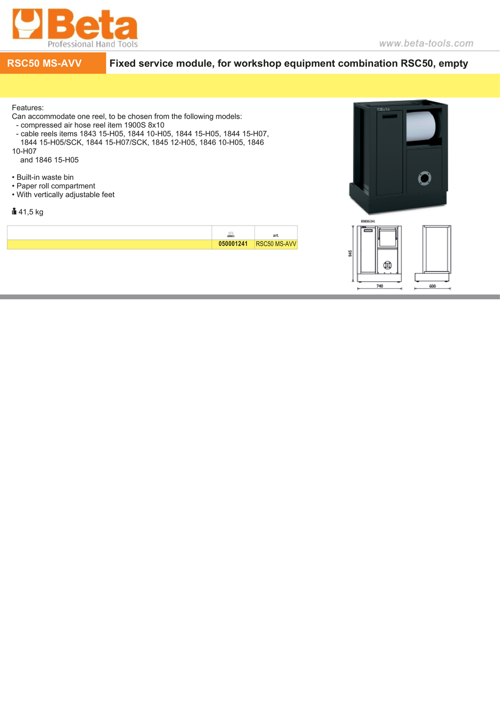 Fixed Service Module for RSC50, Empty, Built-in Waste Bin, Paper Roll Compartment, Adjustable Feet - BetaRSC50 RSC50 MS-AVV