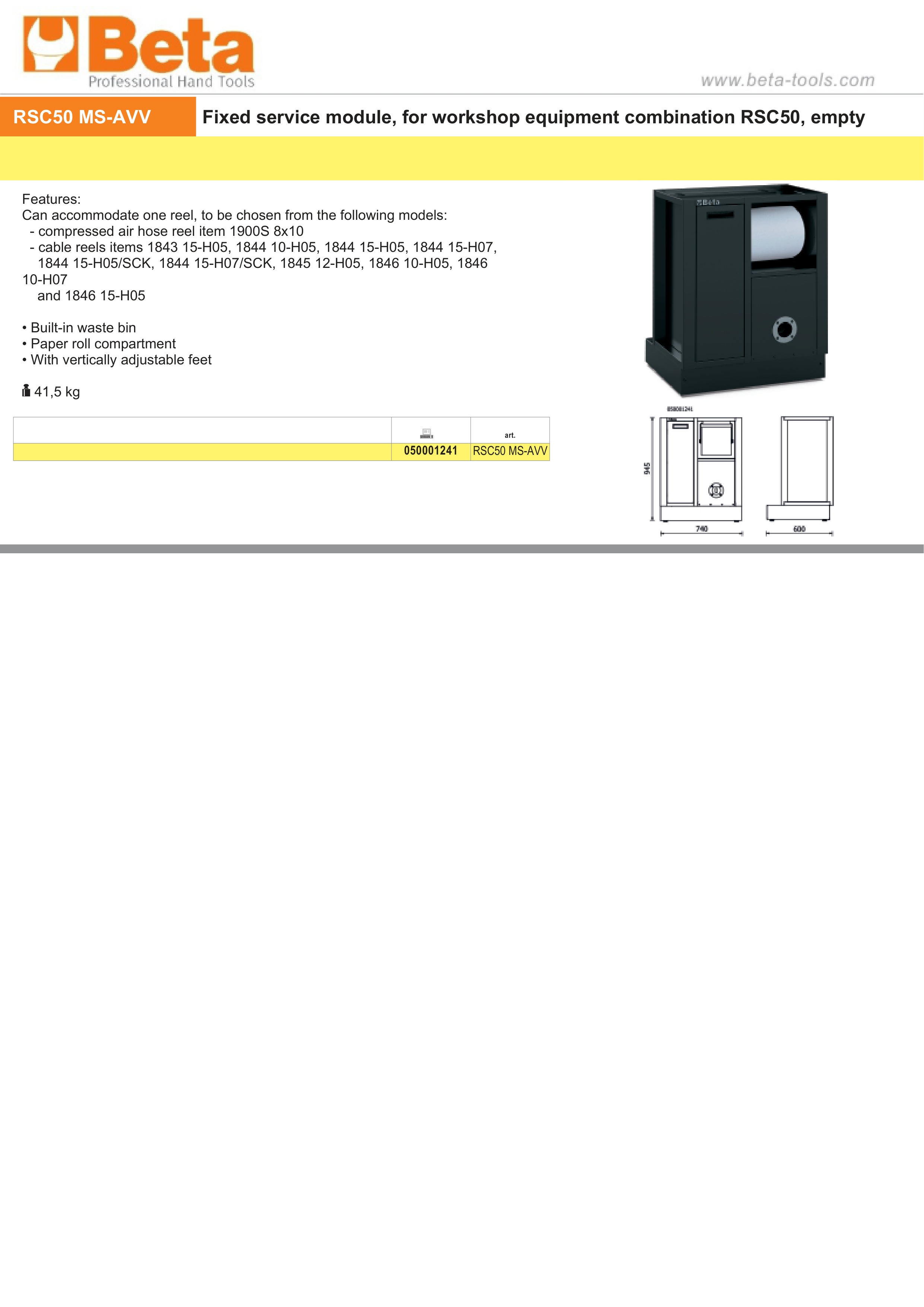 Fixed Service Module for RSC50, Empty, Built-in Waste Bin, Paper Roll Compartment, Adjustable Feet - BetaRSC50 RSC50 MS-AVV