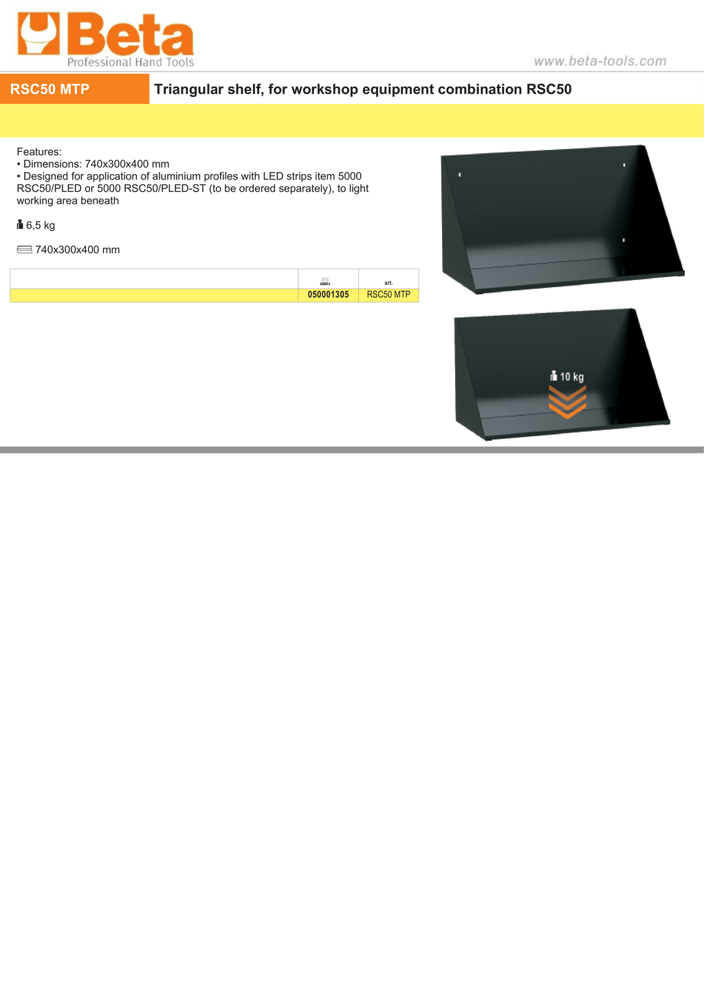 Triangular Shelf for RSC50, 740x300x400mm, Compatible with LED Strip Profiles - BetaRSC50 RSC50 MTP