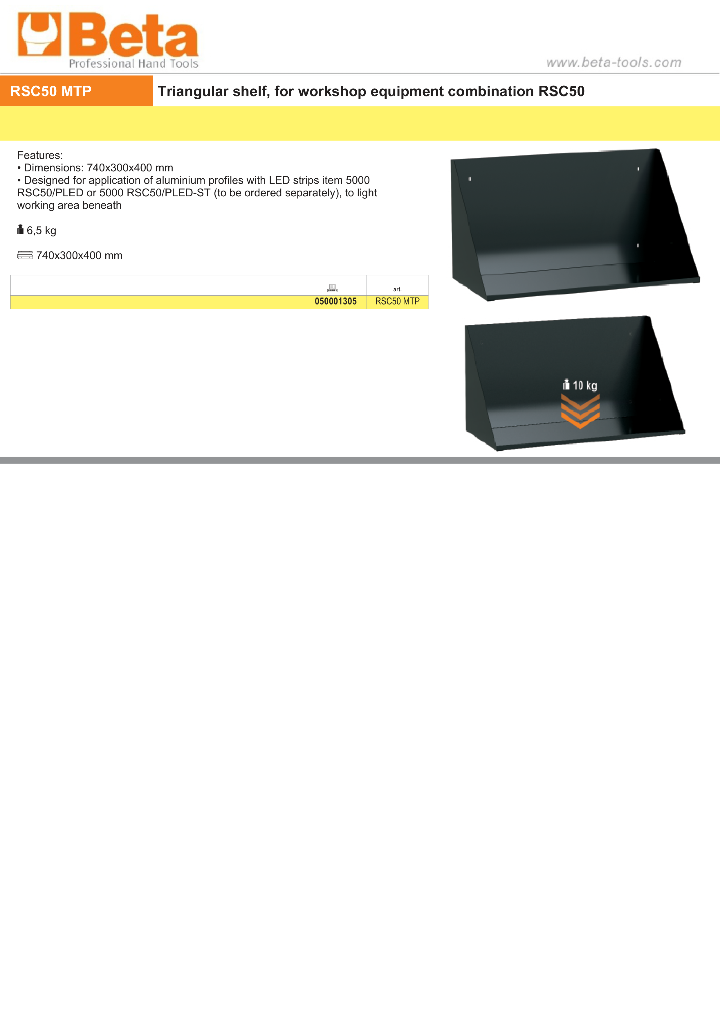 Triangular Shelf for RSC50, 740x300x400mm, Compatible with LED Strip Profiles - BetaRSC50 RSC50 MTP