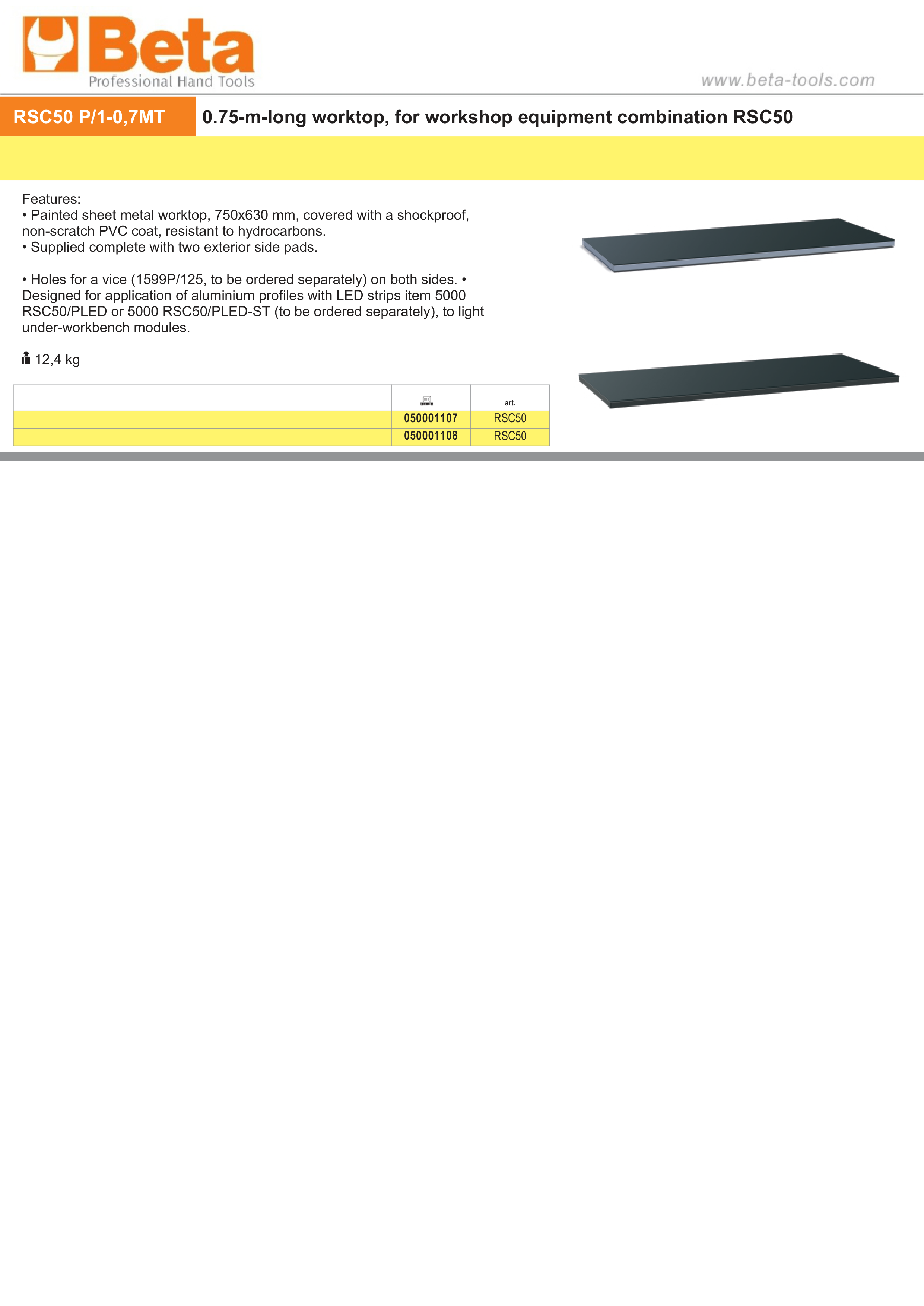 750mm Worktop for RSC50 with PVC Coating, Side Pads, and Vice Holes - BetaRSC50 RSC50 PA/1-0,7MT