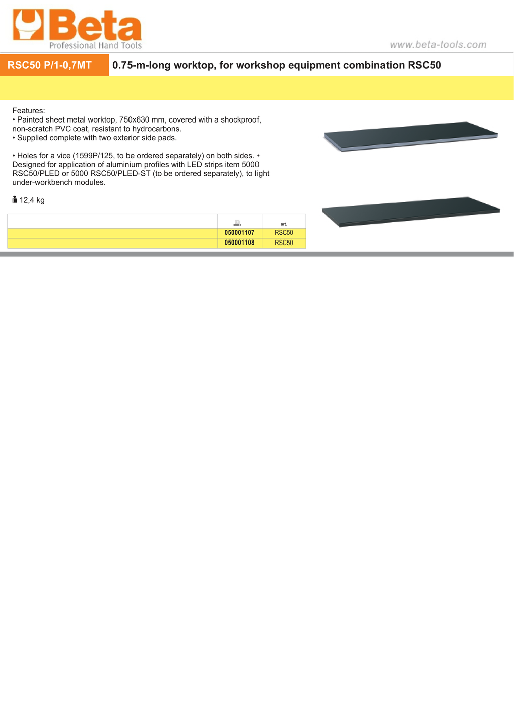 750mm Worktop for RSC50 with PVC Coating and Side Pads - BetaRSC50 RSC50 PG/1-0,7MT