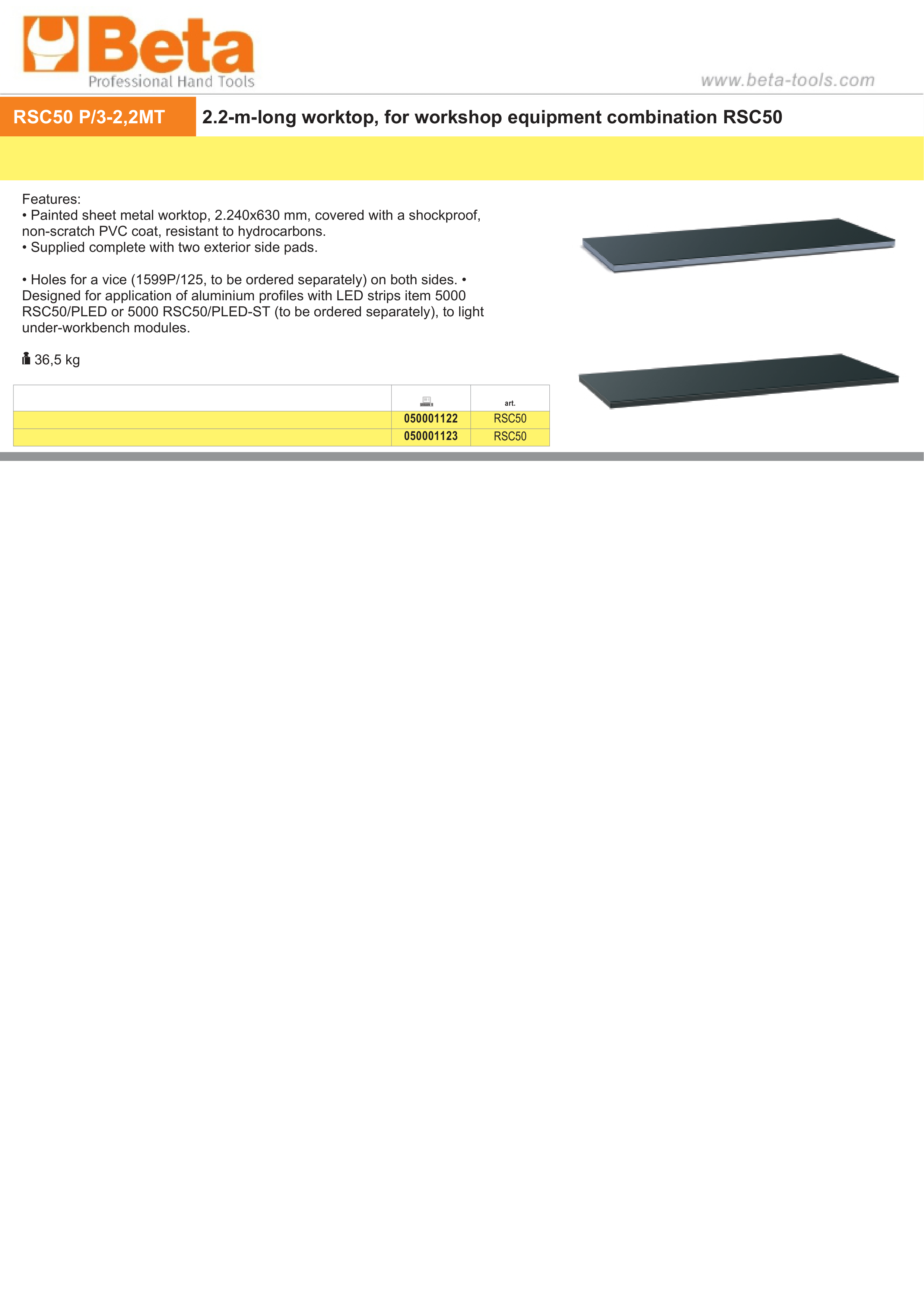 2.2m Worktop for RSC50 with PVC Coating, Side Pads, and Vice Holes - BetaRSC50 RSC50 PG/3-2,2MT