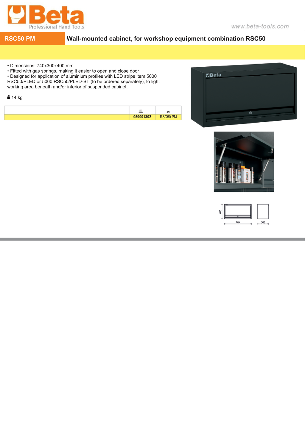 Wall-Mounted Cabinet for RSC50, 740x300x400mm, Gas Springs for Easy Door Operation, Compatible with LED Strip Profiles - BetaRSC50 RSC50 PM