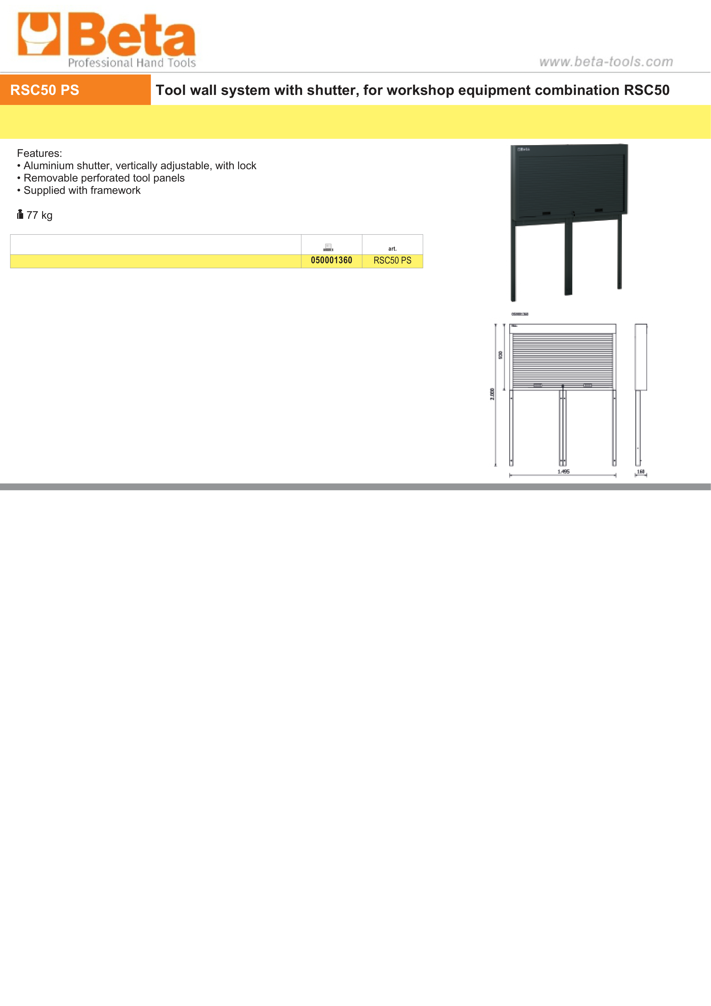 Tool Wall System with Shutter for RSC50, Adjustable Aluminium Shutter, Removable Perforated Panels, Includes Framework - BetaRSC50 RSC50 PS