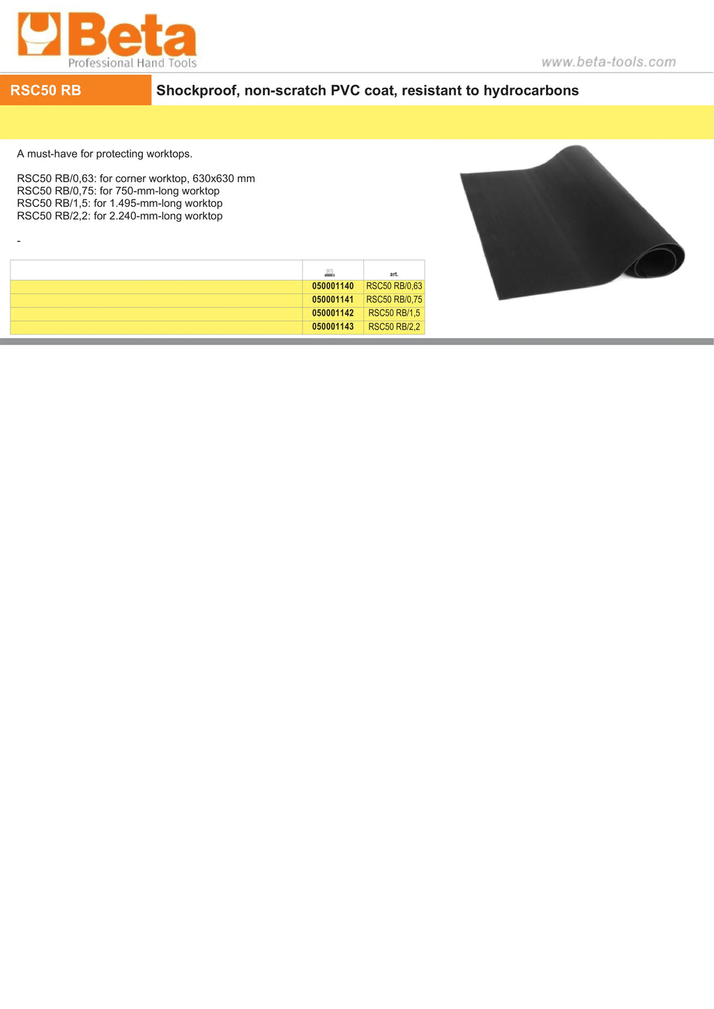 Shockproof Non-Scratch PVC Coat for RSC50 Worktops 630mm - 2.240mm - BetaRSC50 RSC50 RB/2,2