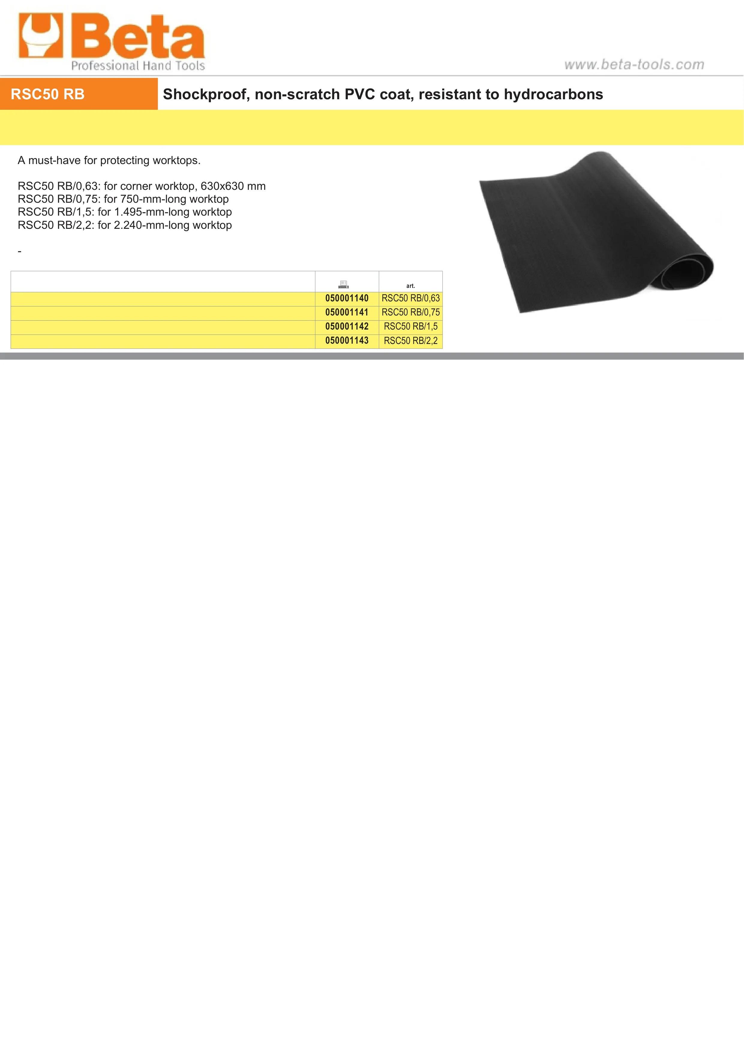 Shockproof Non-Scratch PVC Coat for RSC50 Worktops 630mm - 2.240mm - BetaRSC50 RSC50 RB/2,2