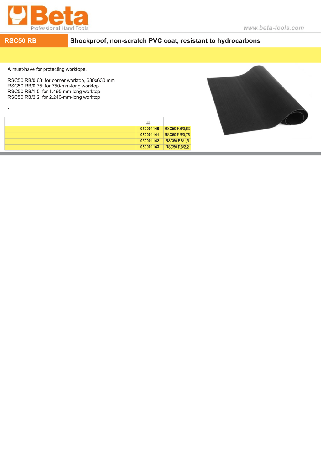 Shockproof Non-Scratch PVC Coat for RSC50 Worktops 630mm - 2.240mm - BetaRSC50 RSC50 RB/1,5