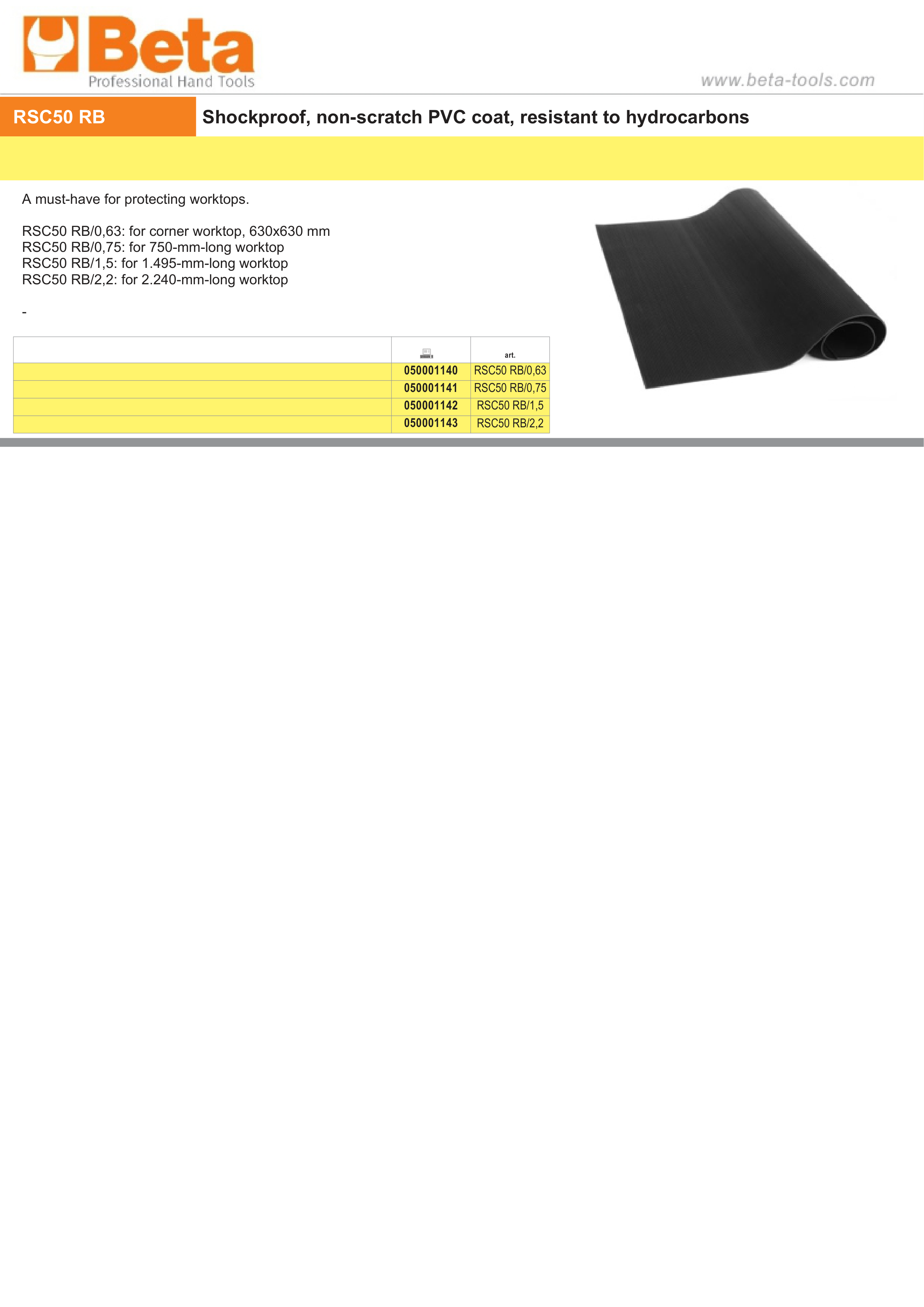 Shockproof Non-Scratch PVC Coat for RSC50 Worktops 630mm - 2.240mm - BetaRSC50 RSC50 RB/0,75