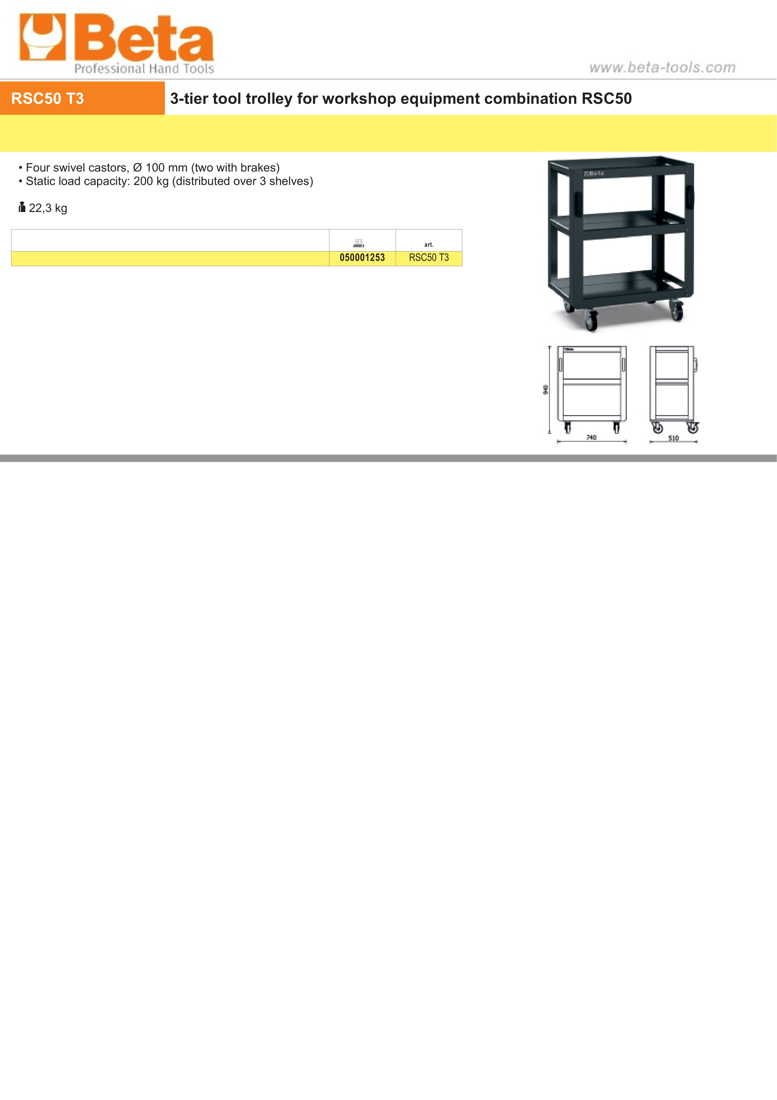 3-Tier Tool Trolley for RSC50, Four Swivel Castors 100mm, Two with Brakes, 200kg Load Capacity - BetaRSC50 RSC50 T3