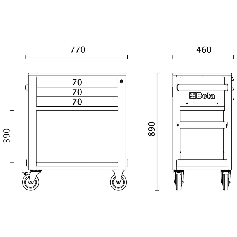 Service Tool Trolley with 3 Drawers, ABS Worktop, 4 Castors 125mm, 400kg Load Capacity - Beta Tools RSC51-R