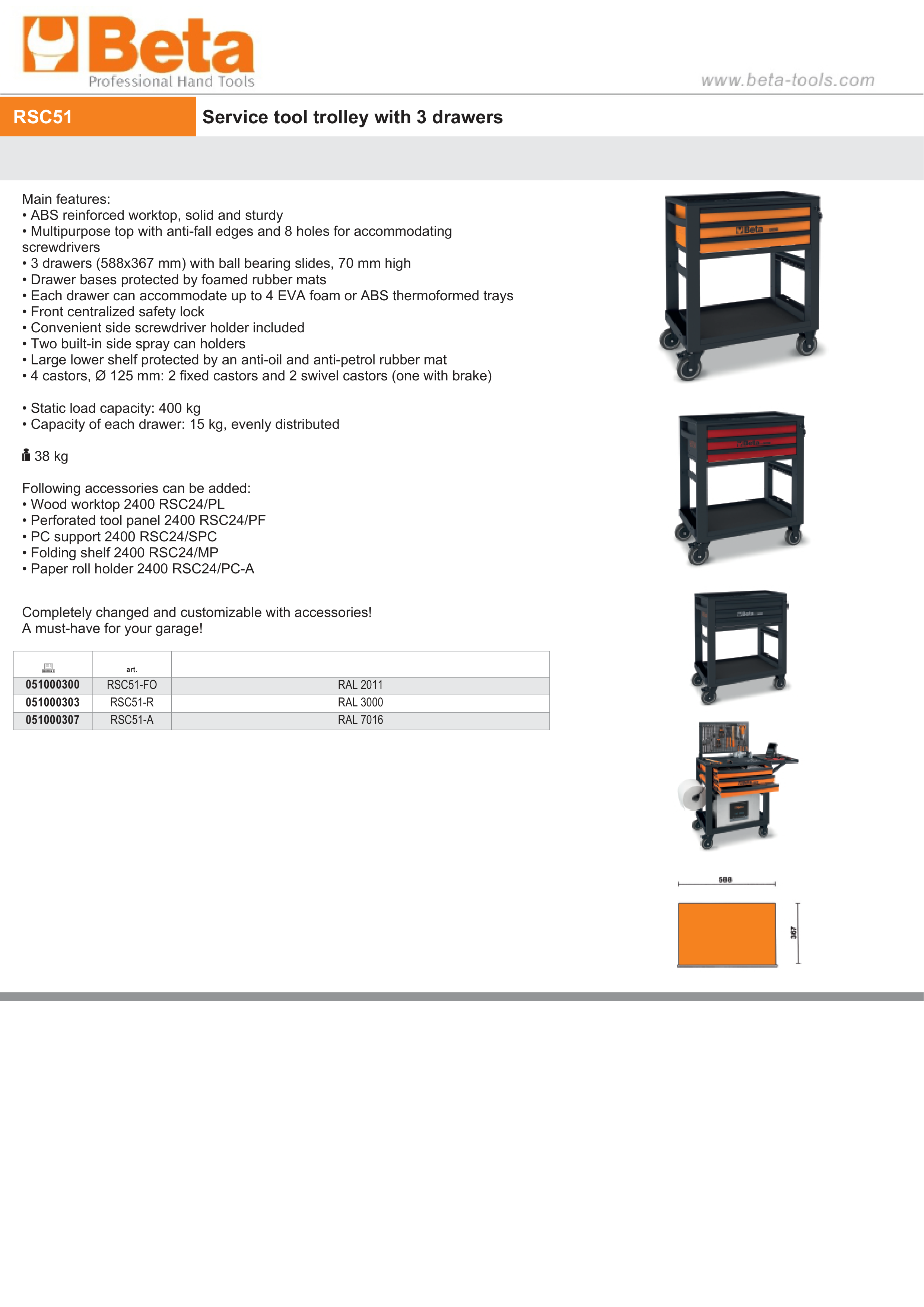 Service Tool Trolley with 3 Drawers, ABS Worktop, 4 Castors 125mm, 400kg Load Capacity - Beta Tools RSC51-R
