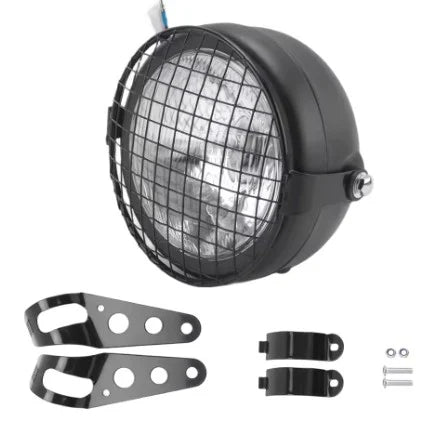 HEADLIGHT CLEAR CAFE RACER VINTAGE STYLE WITH GRILLE AND MOUNTING BRACKET