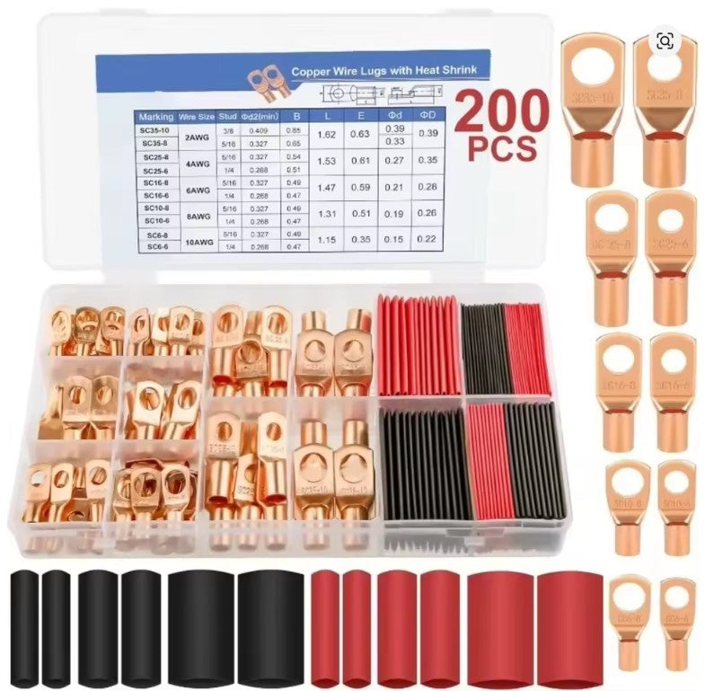 200pcs COPPER RING BATTERY CABLE LUGS TERMINAL CONNECTORS WITH RED AND BLACK HEAT SHRINK TUBES
