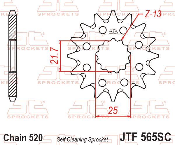 FRONT SPROCKET JTF565.13SC JT, Self-cleaning grooves & Light, SF565-13