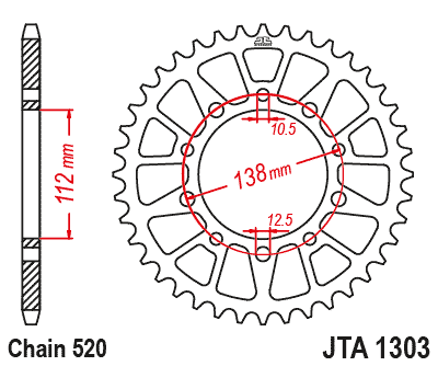 REAR SPROCKET ALLOY JTA1303.44 BLACK, HONDA ROAD CHAIN 520