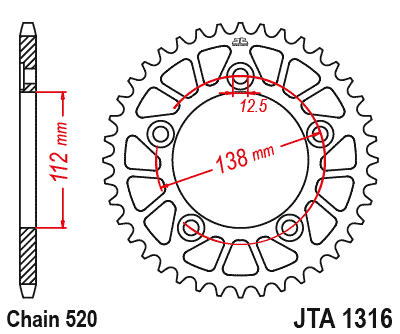 REAR SPROCKET JTA1316.45BLK BLACK ALLOY, HONDA ROAD 41201-MGS-D30