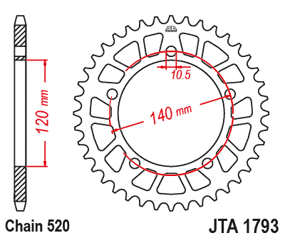 REAR SPROCKET ALLOY JTA1793.46BLK, JT RACELITE 7075 T6, CHAIN CONVERSION 520