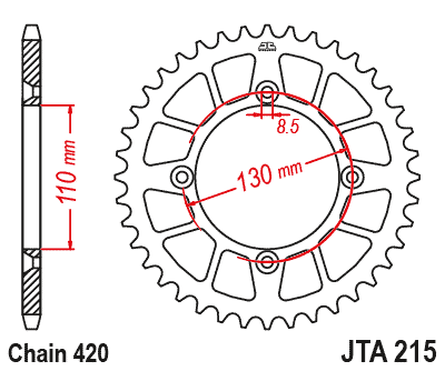 REAR SPROCKET ALLOY RED 215, JTA215.55RED 7075-T6 Aluminium
