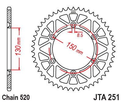 REAR SPROCKET ALLOY BLACK 251, JTA251.49BLK 7075-T6 Aluminium, SR251-49