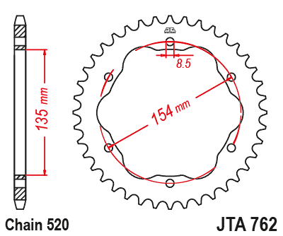 REAR SPROCKET ALLOY BLACK, JTA762.38BLK.7075-T6 Aluminium. DUCATI 520 Chain Conversion