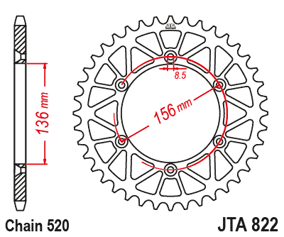 REAR SPROCKET ALLOY BLACK 822, JTA822.44BLK 7075-T6 Aluminium