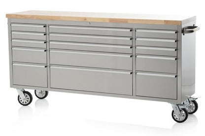 72 Brushed Stainless Steel Tool Chest Box 15 Drawers Solid Wooden Top