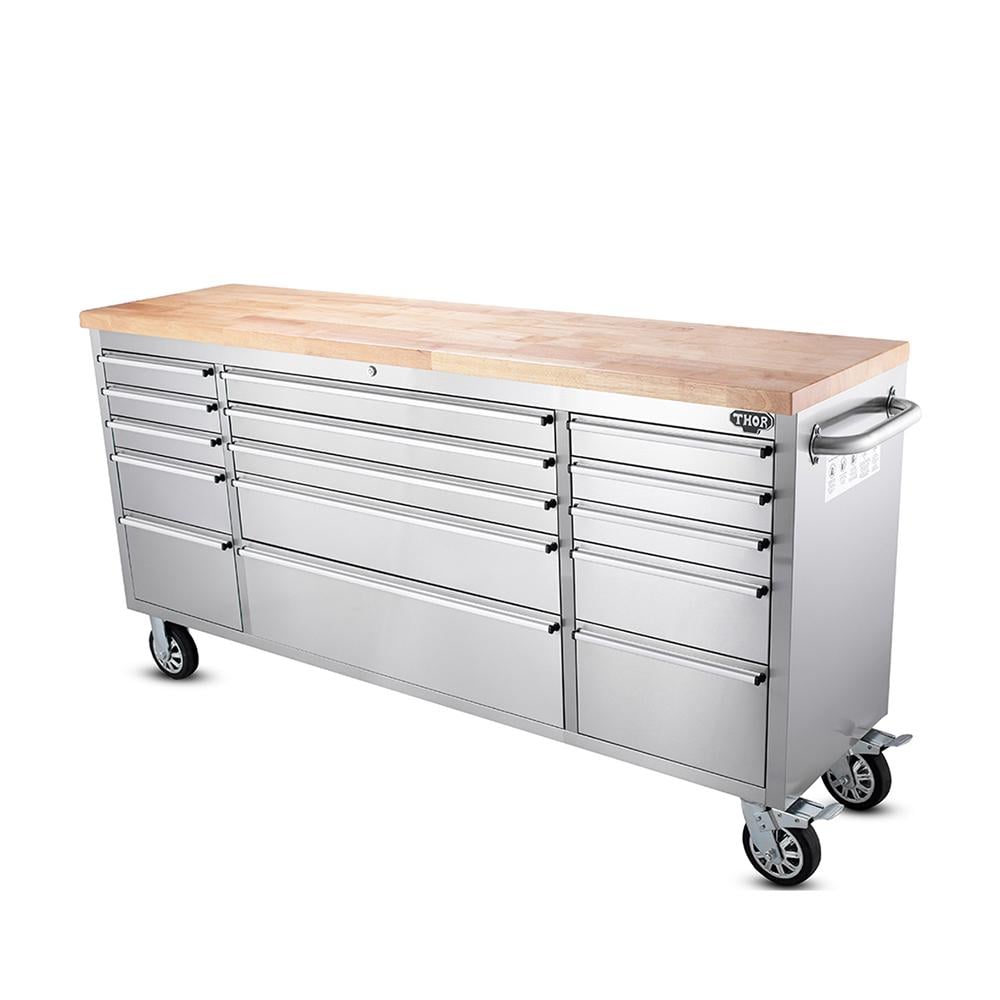 72 Brushed Stainless Steel Tool Chest Box 15 Drawers Solid Wooden Top