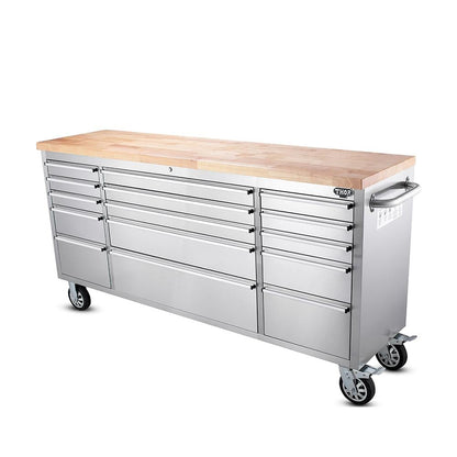 72 Brushed Stainless Steel Tool Chest Box 15 Drawers Solid Wooden Top