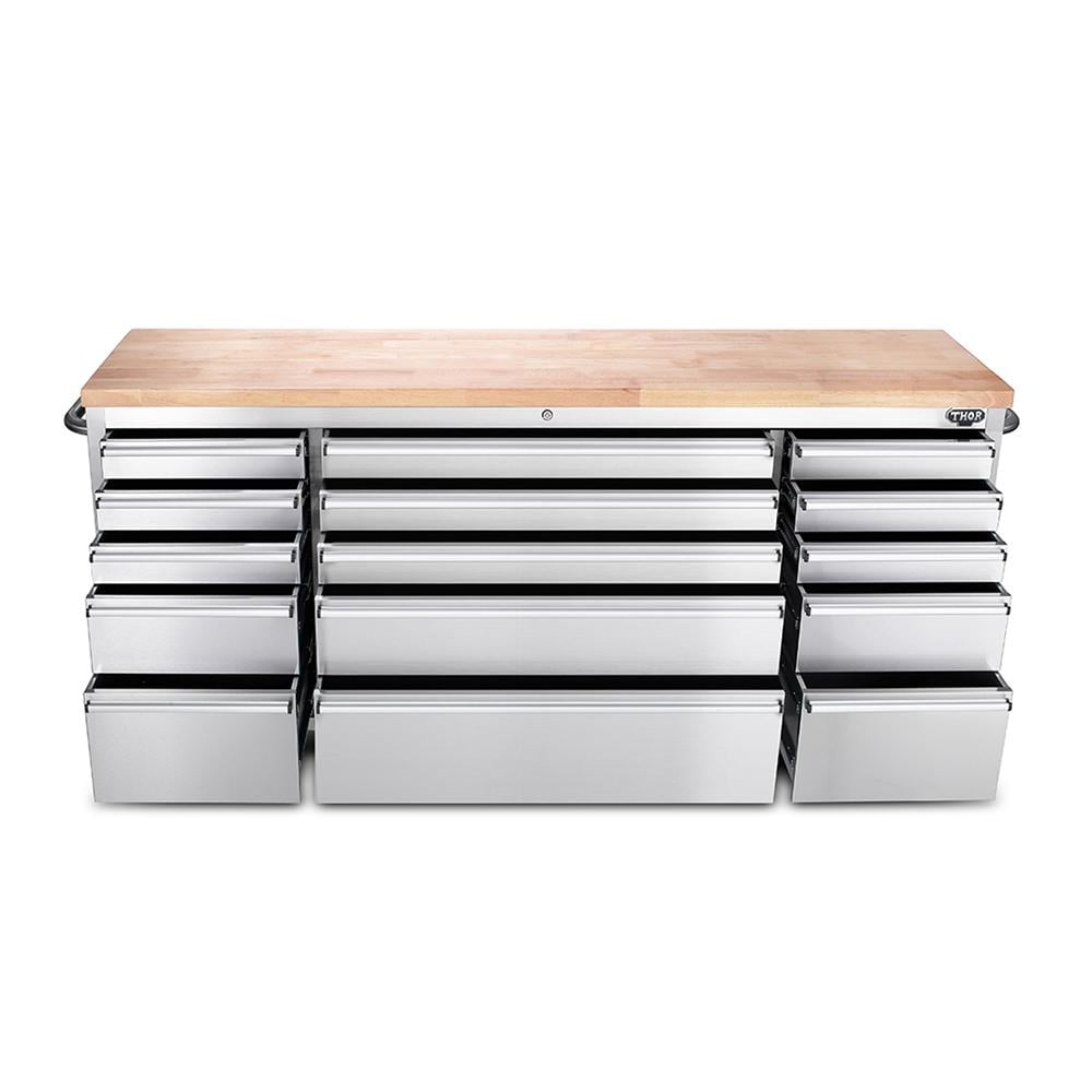 72 Brushed Stainless Steel Tool Chest Box 15 Drawers Solid Wooden Top