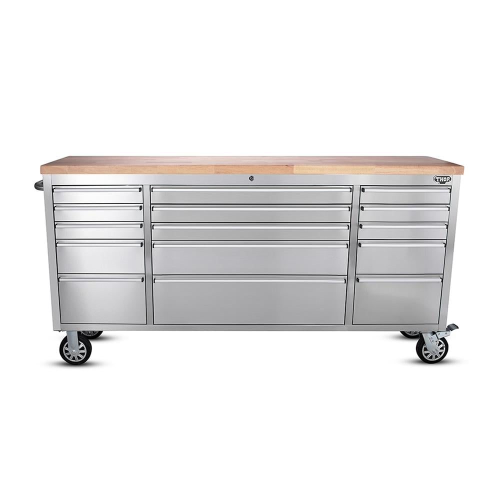 72 Brushed Stainless Steel Tool Chest Box 15 Drawers Solid Wooden Top