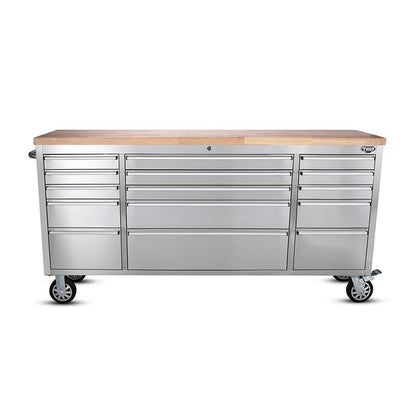 72 Brushed Stainless Steel Tool Chest Box 15 Drawers Solid Wooden Top