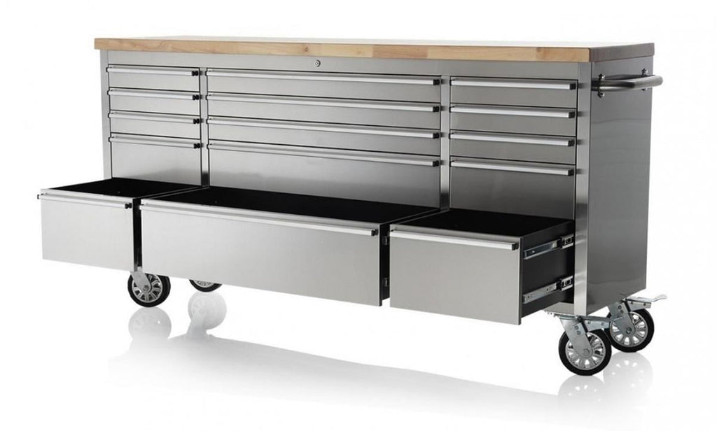 72 Brushed Stainless Steel Tool Chest Box 15 Drawers Solid Wooden Top