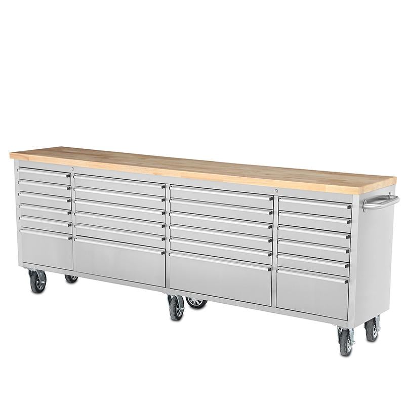 96 Brushed Stainless Steel 24 Drawer Tool Chest Solid Wooden Top