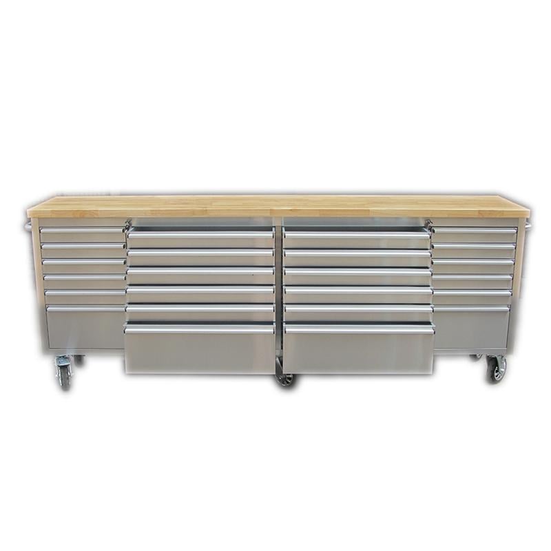 96 Brushed Stainless Steel 24 Drawer Tool Chest Solid Wooden Top