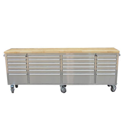 96 Brushed Stainless Steel 24 Drawer Tool Chest Solid Wooden Top