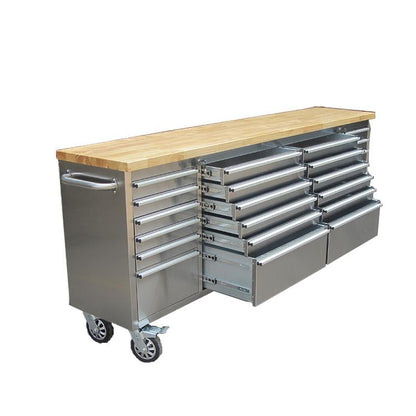 96 Brushed Stainless Steel 24 Drawer Tool Chest Solid Wooden Top