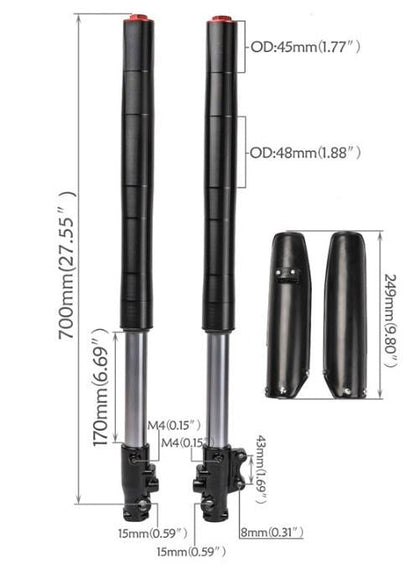 PIT BIKE FORKS 45/48MM UNIVERSAL, 15MM SPINDLE, 700MM