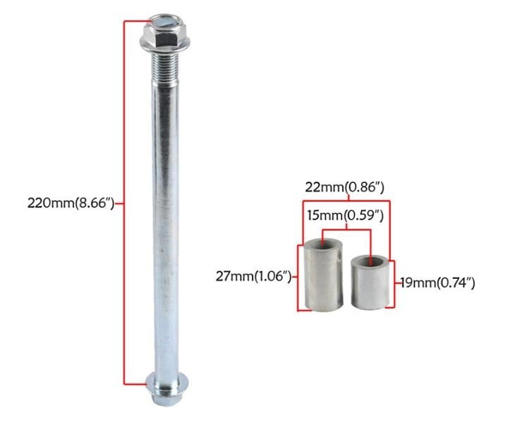 15mm PITBIKE FRONT WHEEL SPINDLE 220mm WITH 27mm & 19mm SPACERS