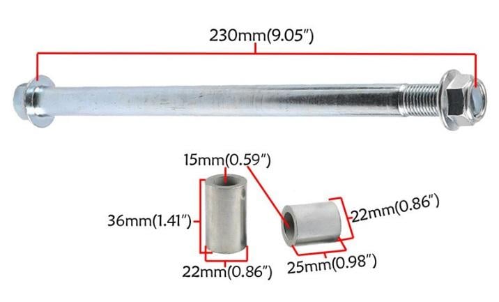 15mm PITBIKE FRONT WHEEL SPINDLE 230mm WITH 36mm & 25mm SPACERS